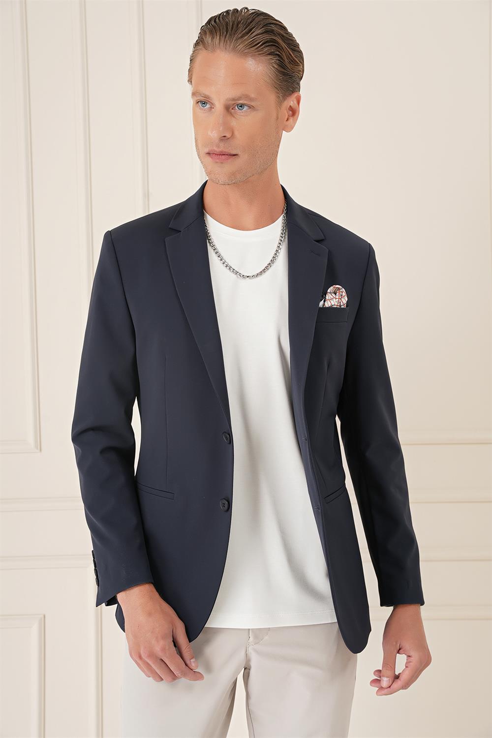 C 675 Comfort Fit Çift Yırtmaç Fleto Cep Esnek Pamuk Casuel Lacivert Ceket