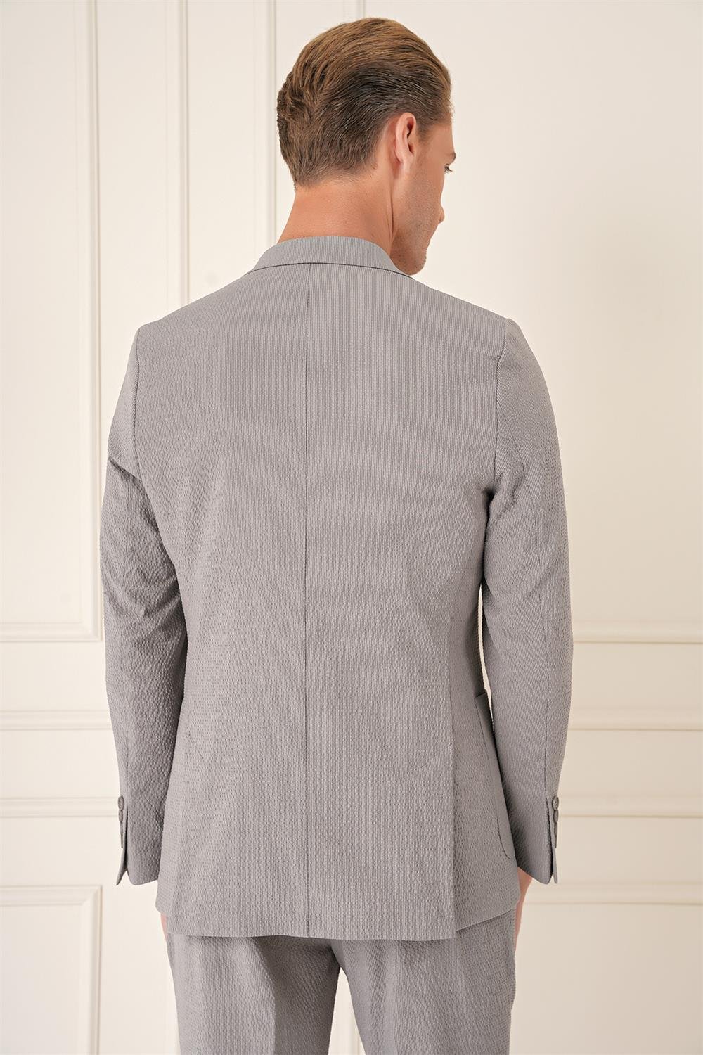 C 678 Comfort Fit Gofre Kumaş Pamuk Yelekli Casuel Gri Ceket
