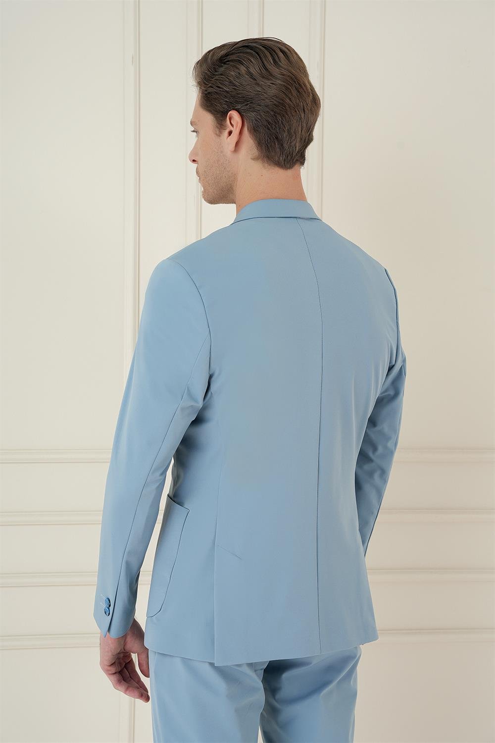 C 697 Slim Fit Mono Yaka Çift Yırtmaç Torba Cep Casual Havacı Mavi Ceket