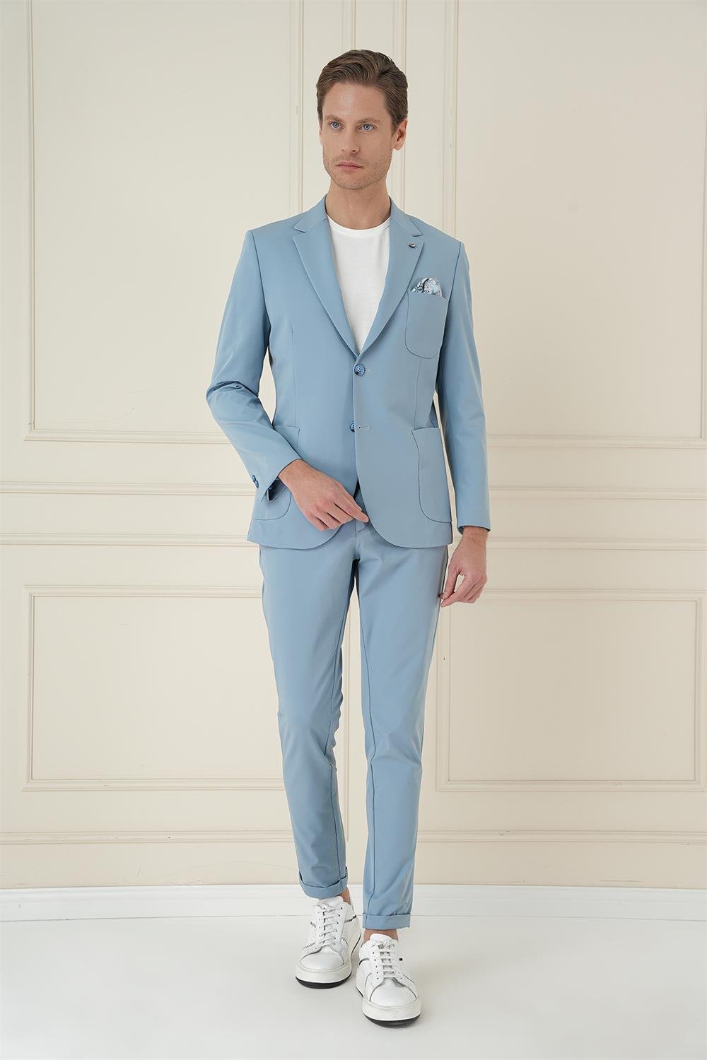 C 697 Slim Fit Mono Yaka Çift Yırtmaç Torba Cep Casual Havacı Mavi Ceket