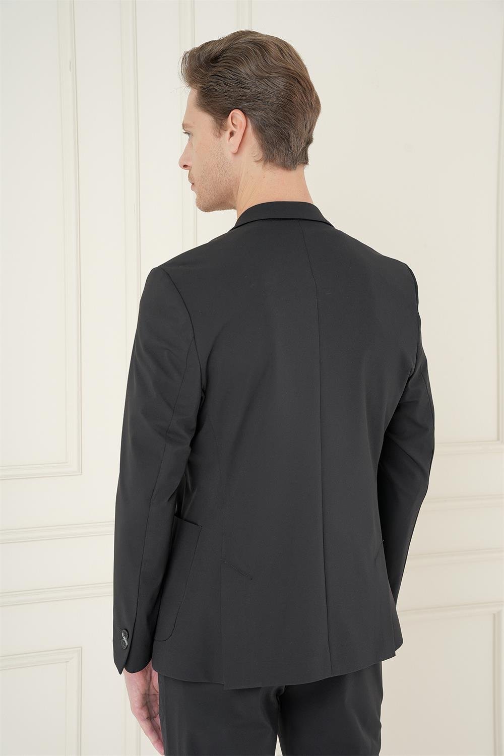C 697 Slim Fit Mono Yaka Çift Yırtmaç Torba Cep Casual Siyah Ceket