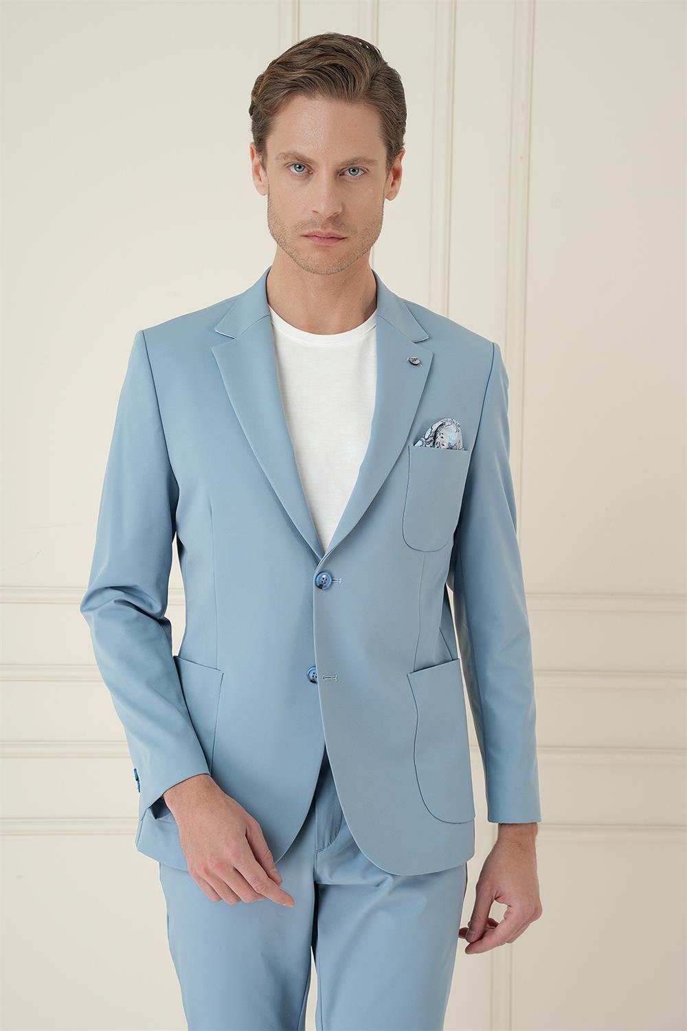 C 697 Slim Fit Mono Yaka Çift Yırtmaç Torba Cep Casual Havacı Mavi Ceket