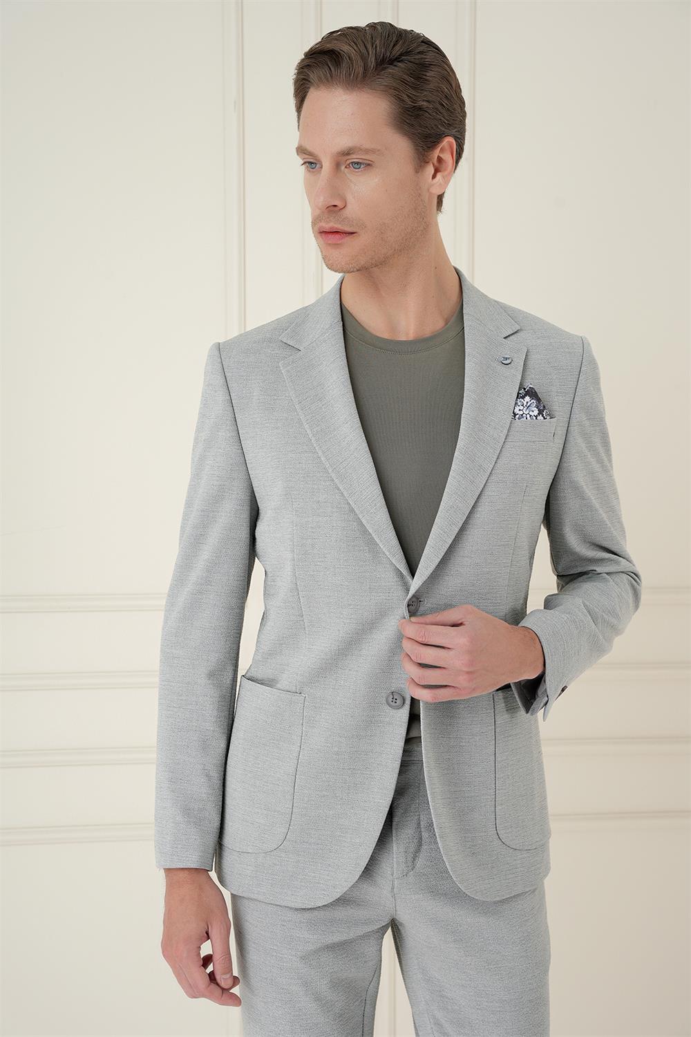 C 698 Comfort Fit Mono Yaka Çift Yırtmaç Torba Cep Casual Gri Ceket
