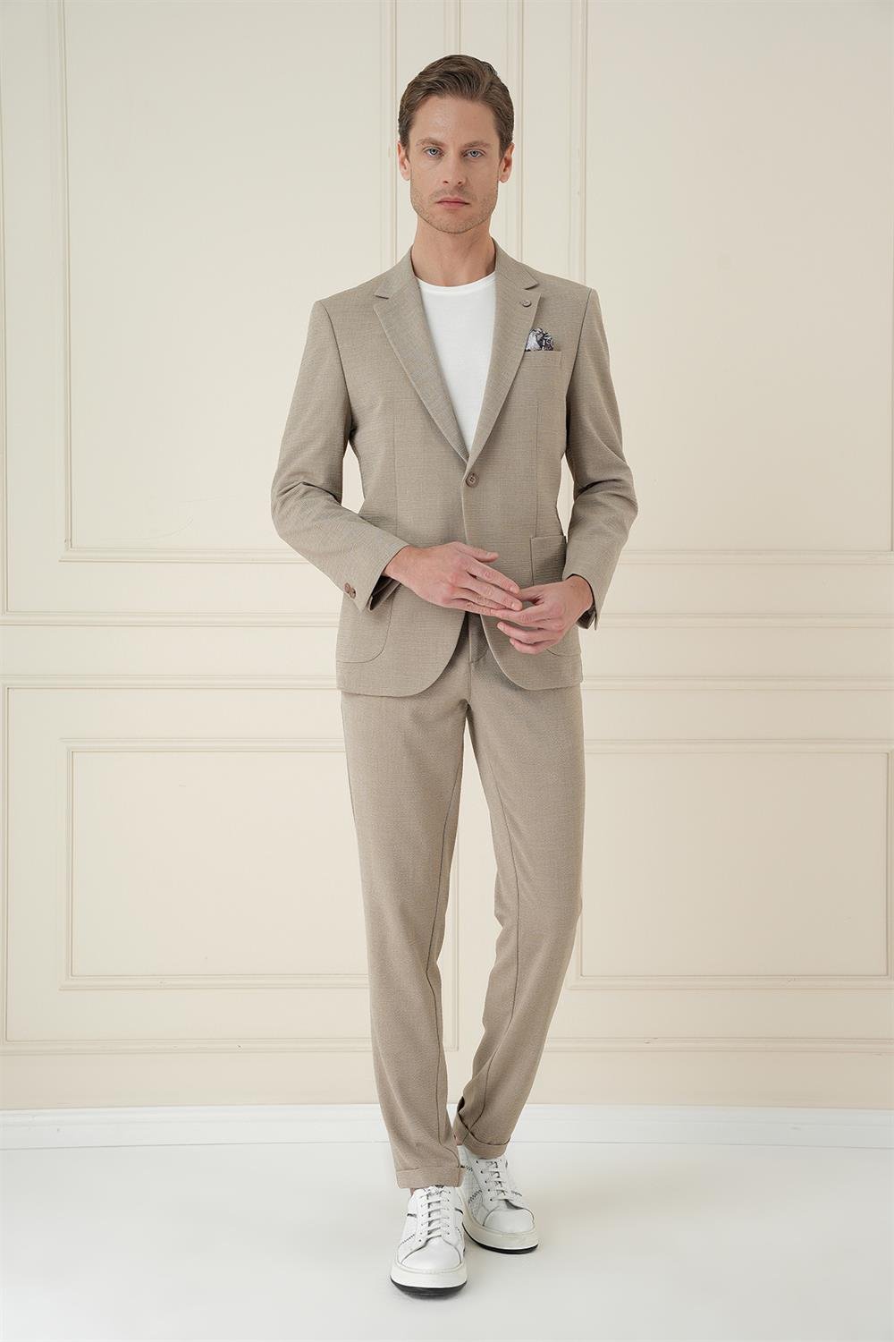 C 698 Slim Fit Mono Yaka Çift Yırtmaç Torba Cep Casual Bej Ceket