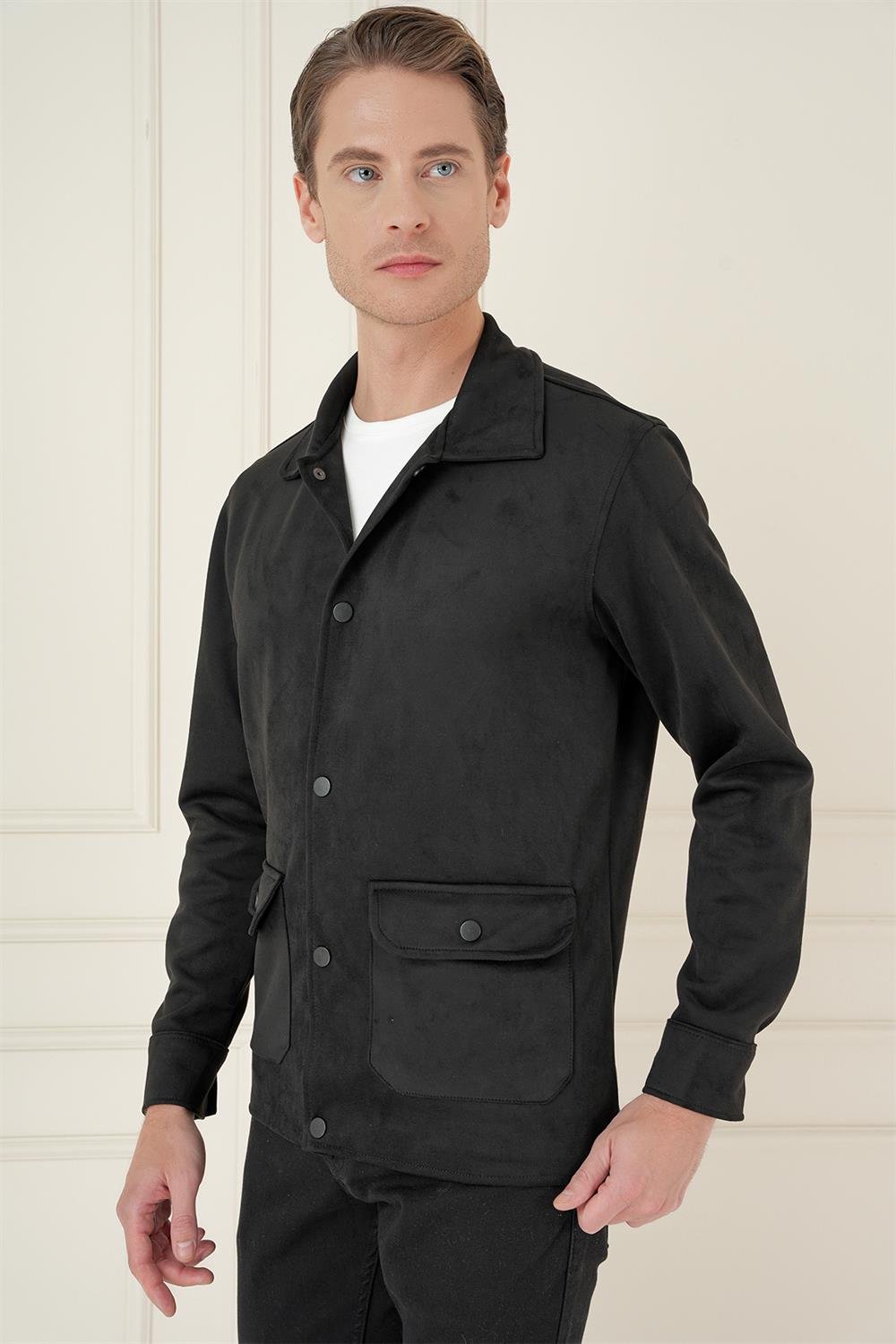 C 699 Comfort Fit Mono Yaka Kapaklı Cep Casual Siyah Ceket