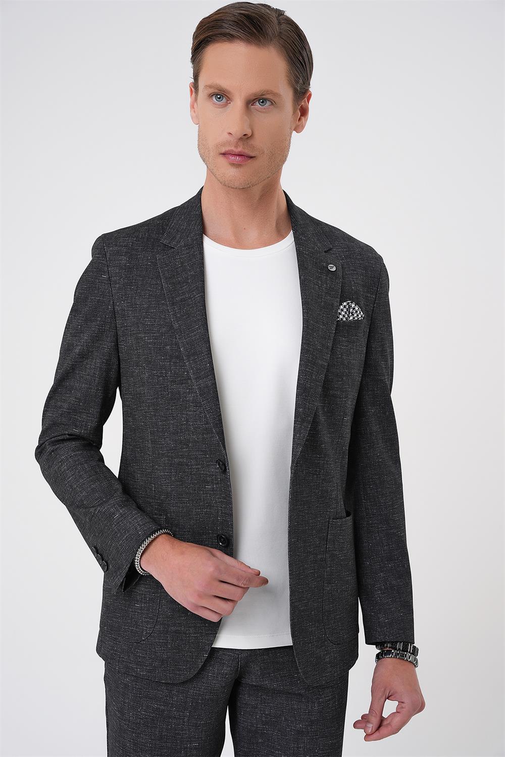 C 701 Comfort Fit Mono Yaka Çift Yırtmaç Torba Cep Casual Siyah Ceket