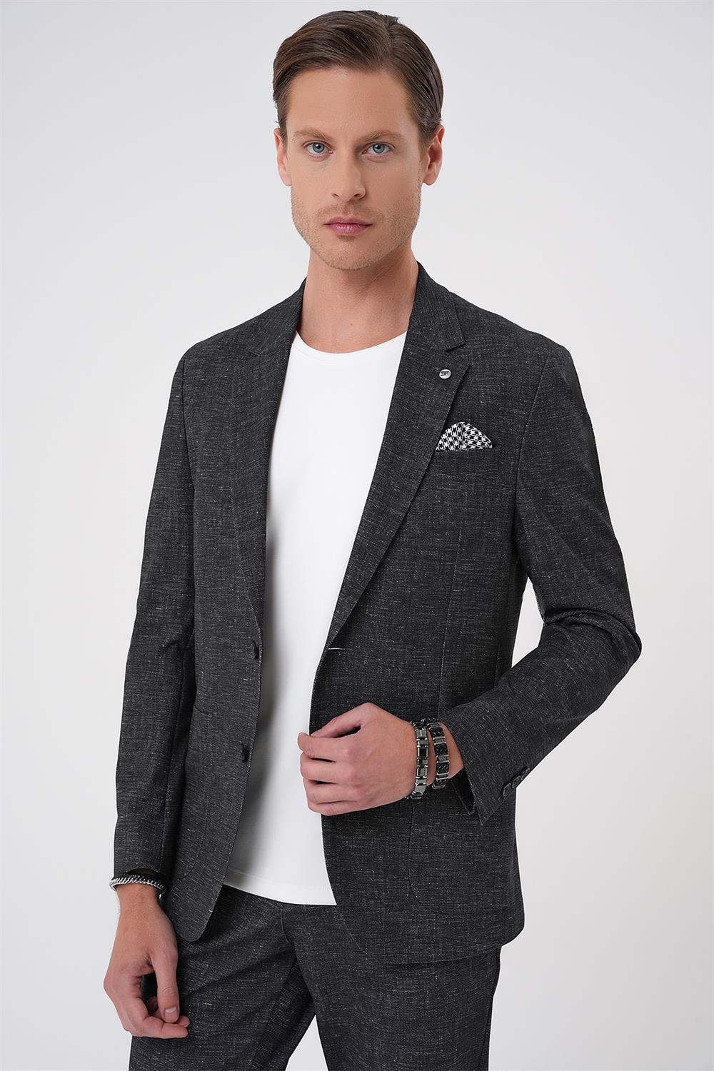 C 701 Comfort Fit Mono Yaka Çift Yırtmaç Torba Cep Casual Siyah Ceket