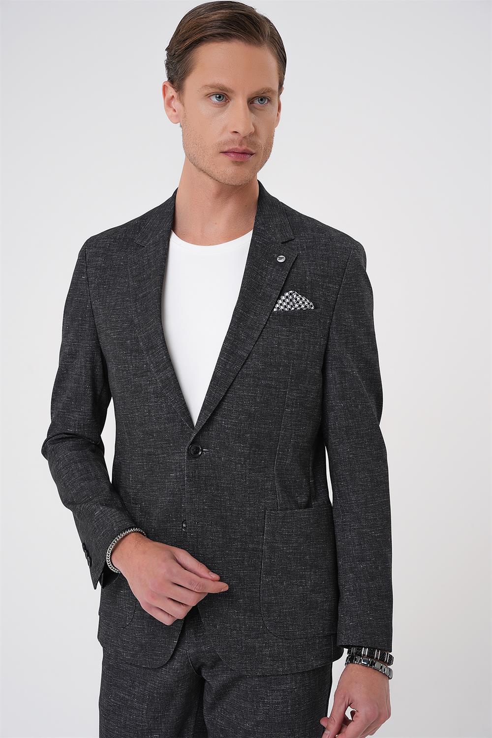 C 701 Comfort Fit Mono Yaka Çift Yırtmaç Torba Cep Casual Siyah Ceket