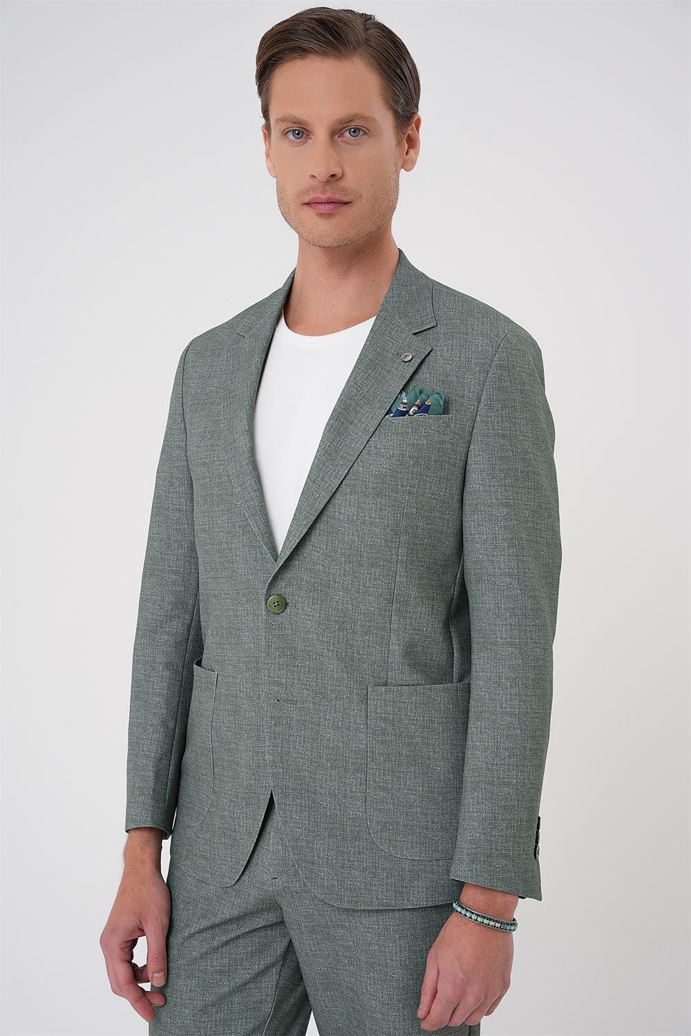 C 701 Comfort Fit Mono Yaka Çift Yırtmaç Torba Cep Casual Yeşil Ceket