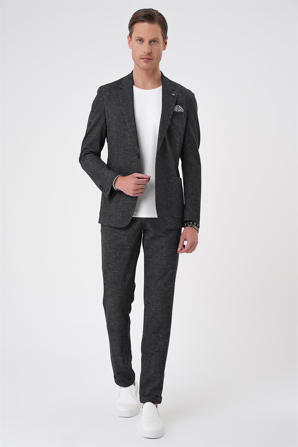 C 701 Comfort Fit Mono Yaka Çift Yırtmaç Torba Cep Casual Siyah Ceket
