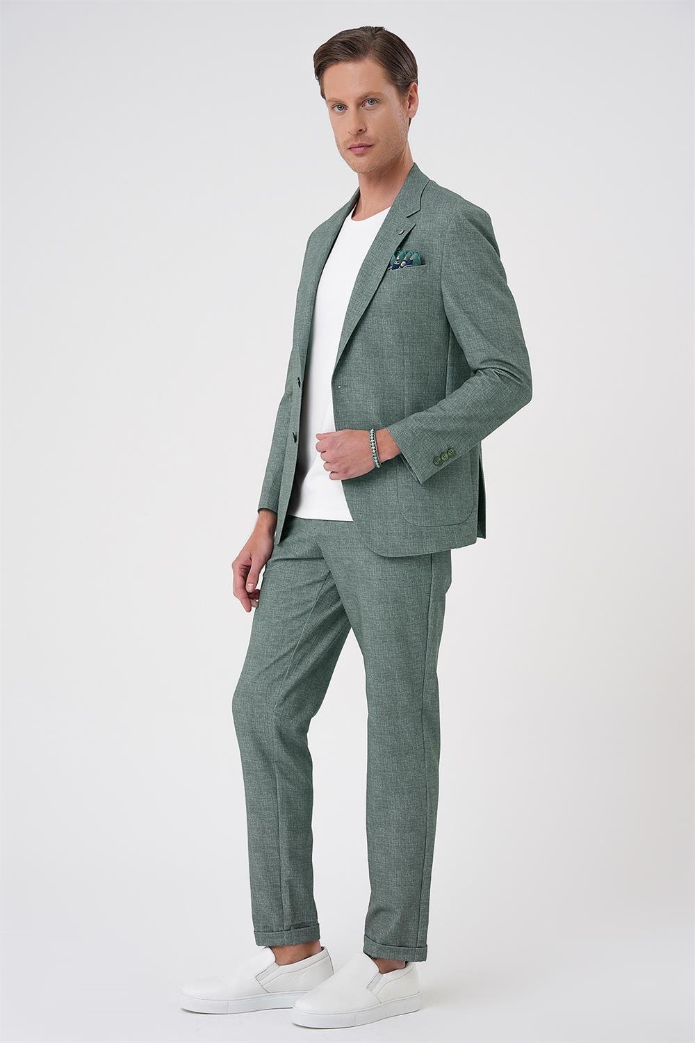 C 701 Comfort Fit Mono Yaka Çift Yırtmaç Torba Cep Casual Yeşil Ceket