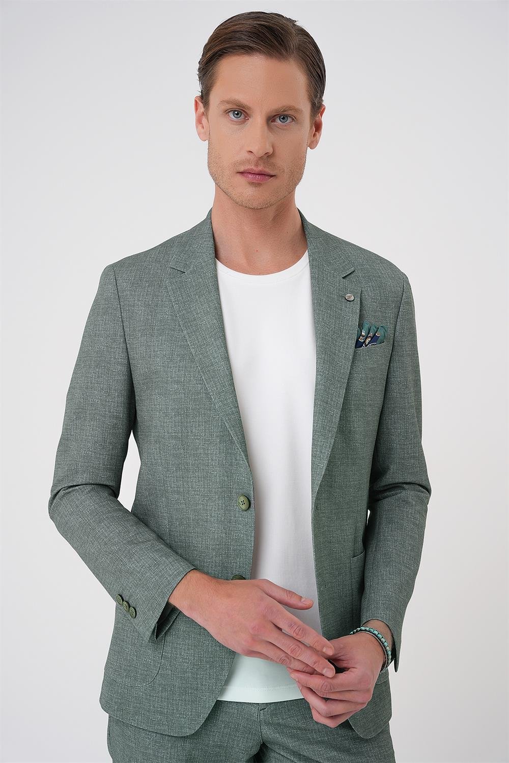 C 701 Comfort Fit Mono Yaka Çift Yırtmaç Torba Cep Casual Yeşil Ceket