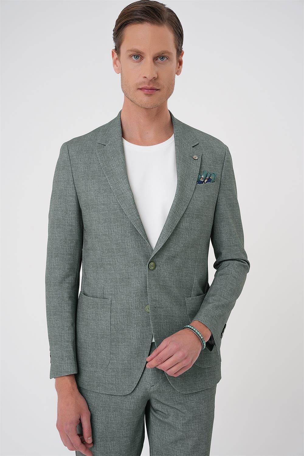 C 701 Comfort Fit Mono Yaka Çift Yırtmaç Torba Cep Casual Yeşil Ceket