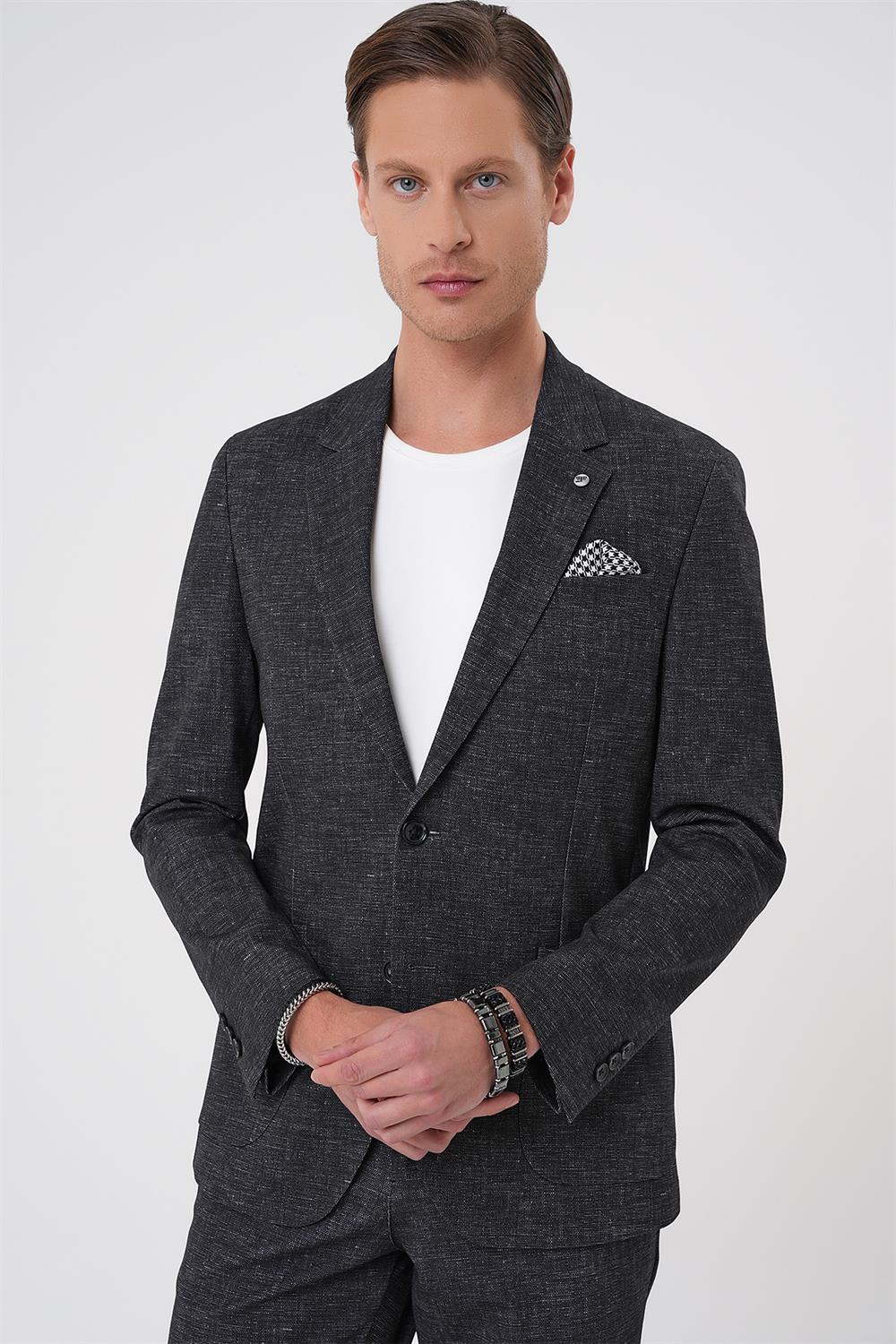 C 701 Comfort Fit Mono Yaka Çift Yırtmaç Torba Cep Casual Siyah Ceket