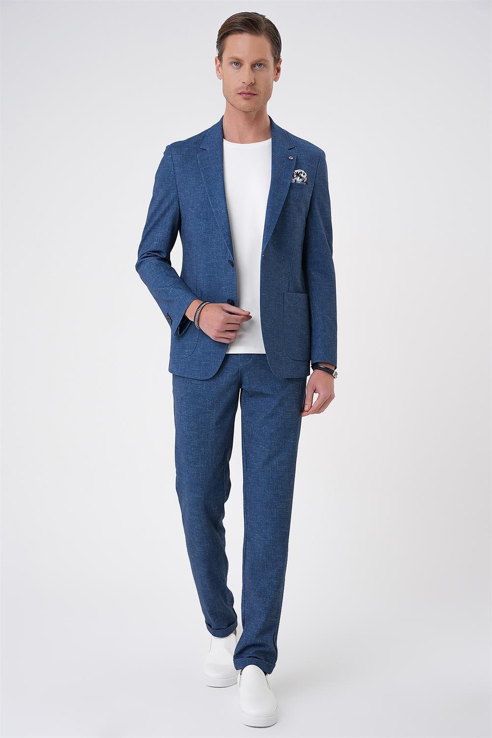 C 701 Comfort Fit Mono Yaka Çift Yırtmaç Torba Cep Casual Gece Mavisi Ceket
