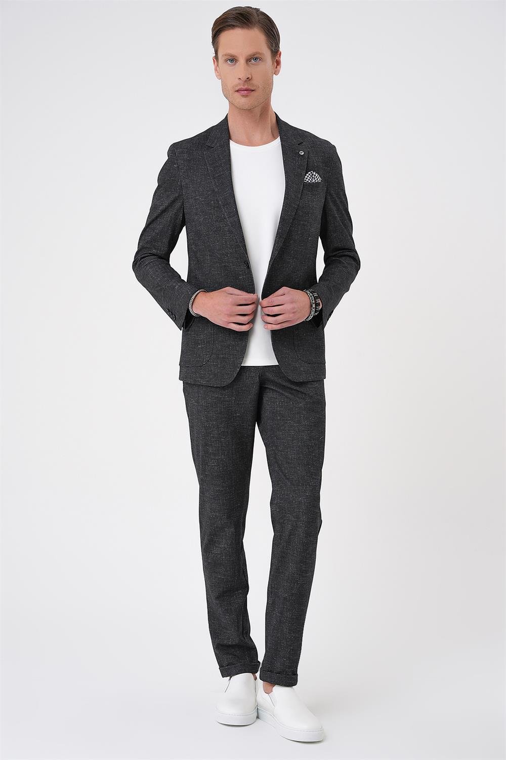 C 701 Comfort Fit Mono Yaka Çift Yırtmaç Torba Cep Casual Siyah Ceket