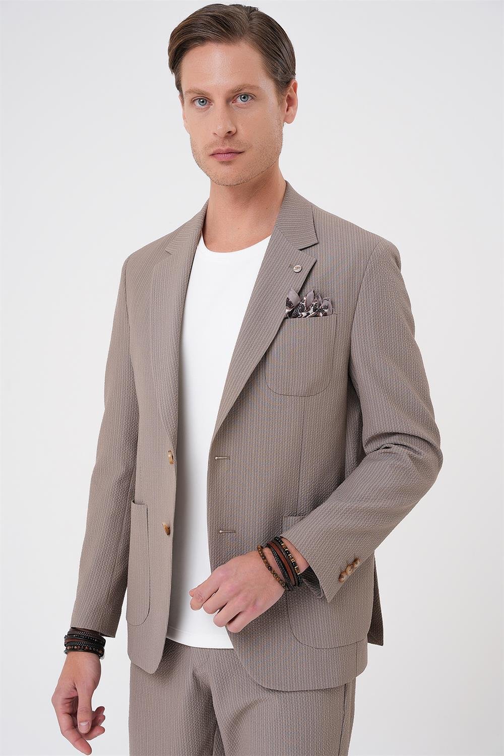 C 703 Comfort Fit Mono Yaka Çift Yırtmaç Torba Cep Gofre Kumaş Casual Vizon Ceket