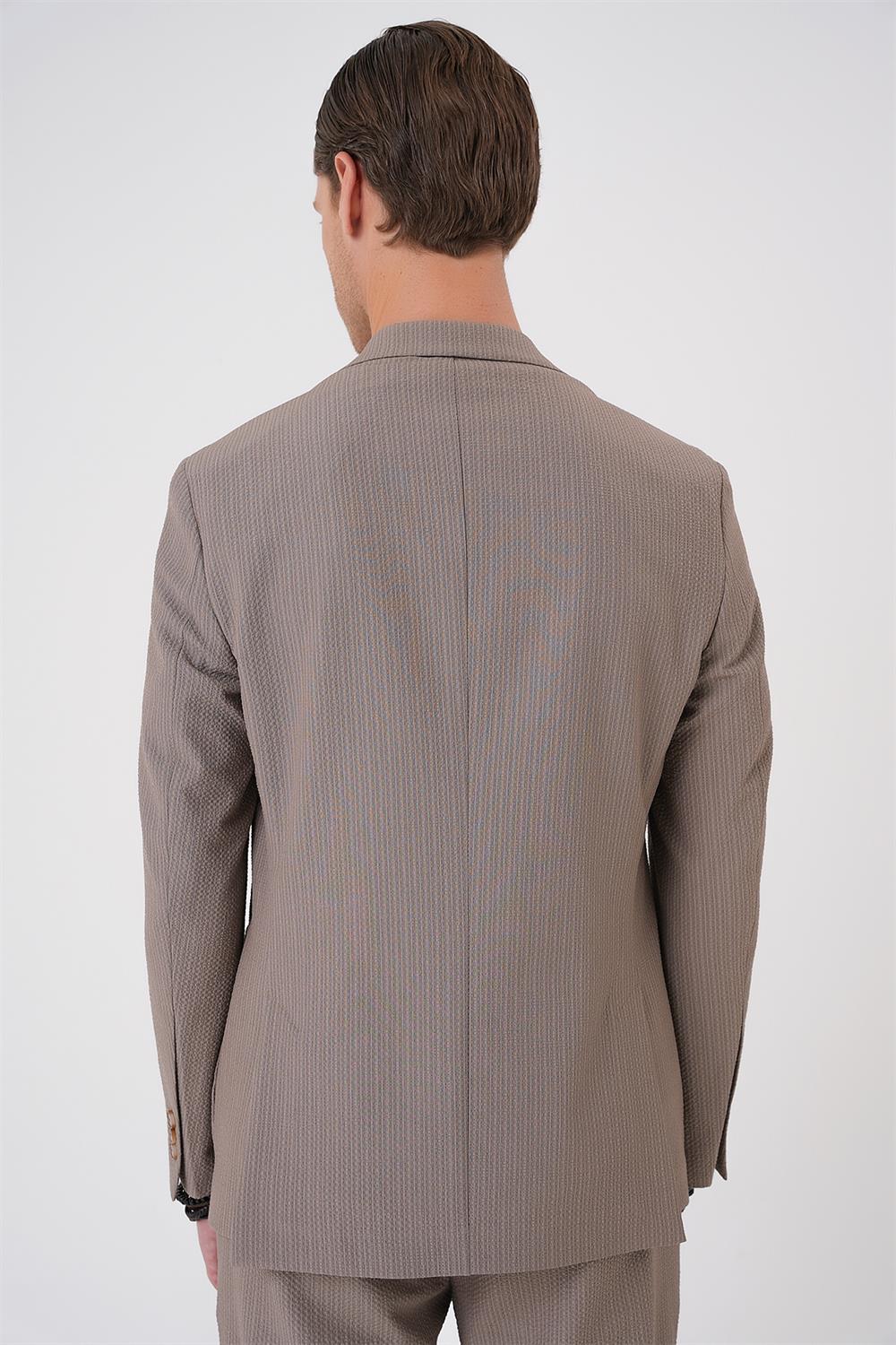 C 703 Comfort Fit Mono Yaka Çift Yırtmaç Torba Cep Gofre Kumaş Casual Vizon Ceket