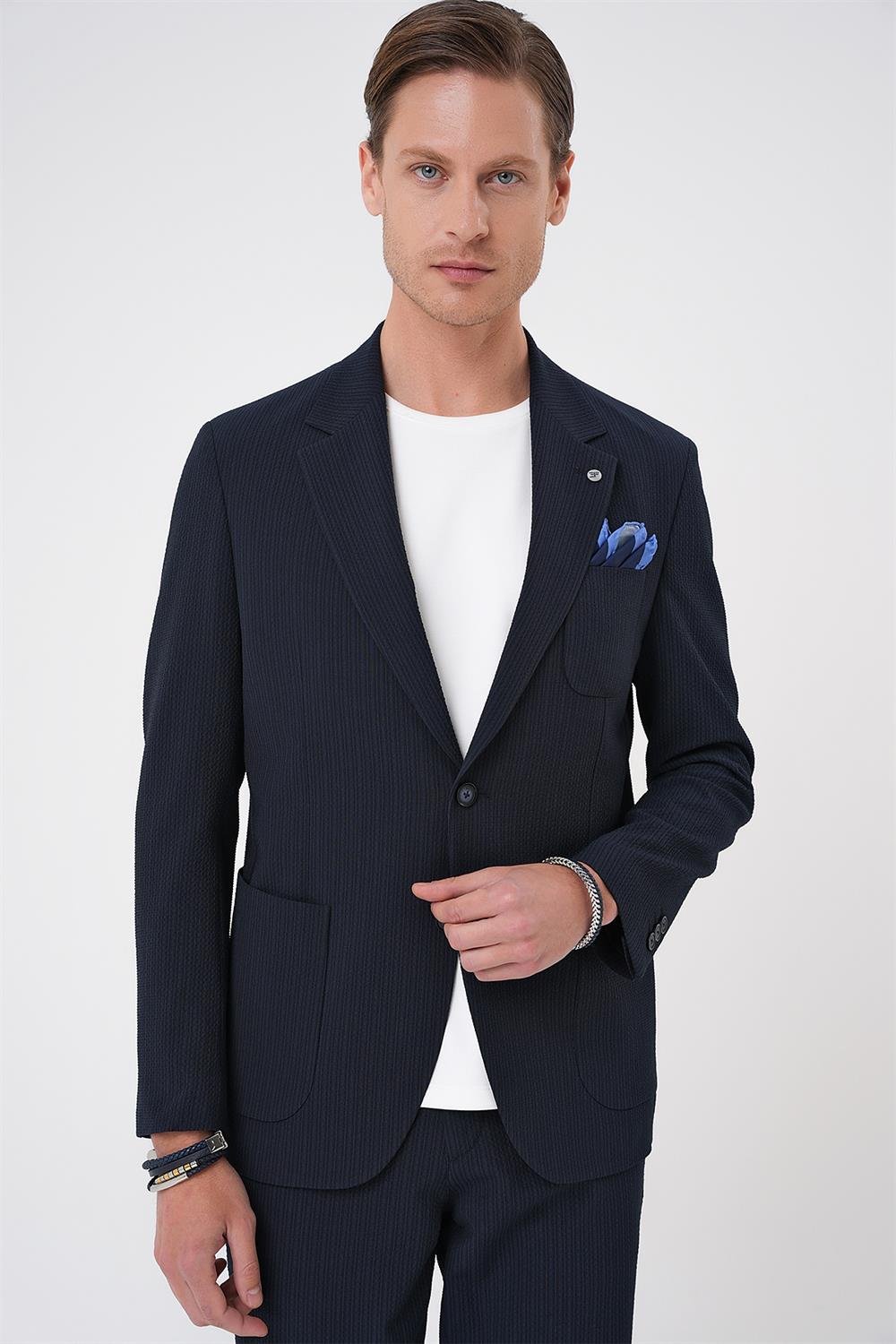 C 703 Comfort Fit Mono Yaka Çift Yırtmaç Torba Cep Gofre Kumaş Casual Lacivert Ceket