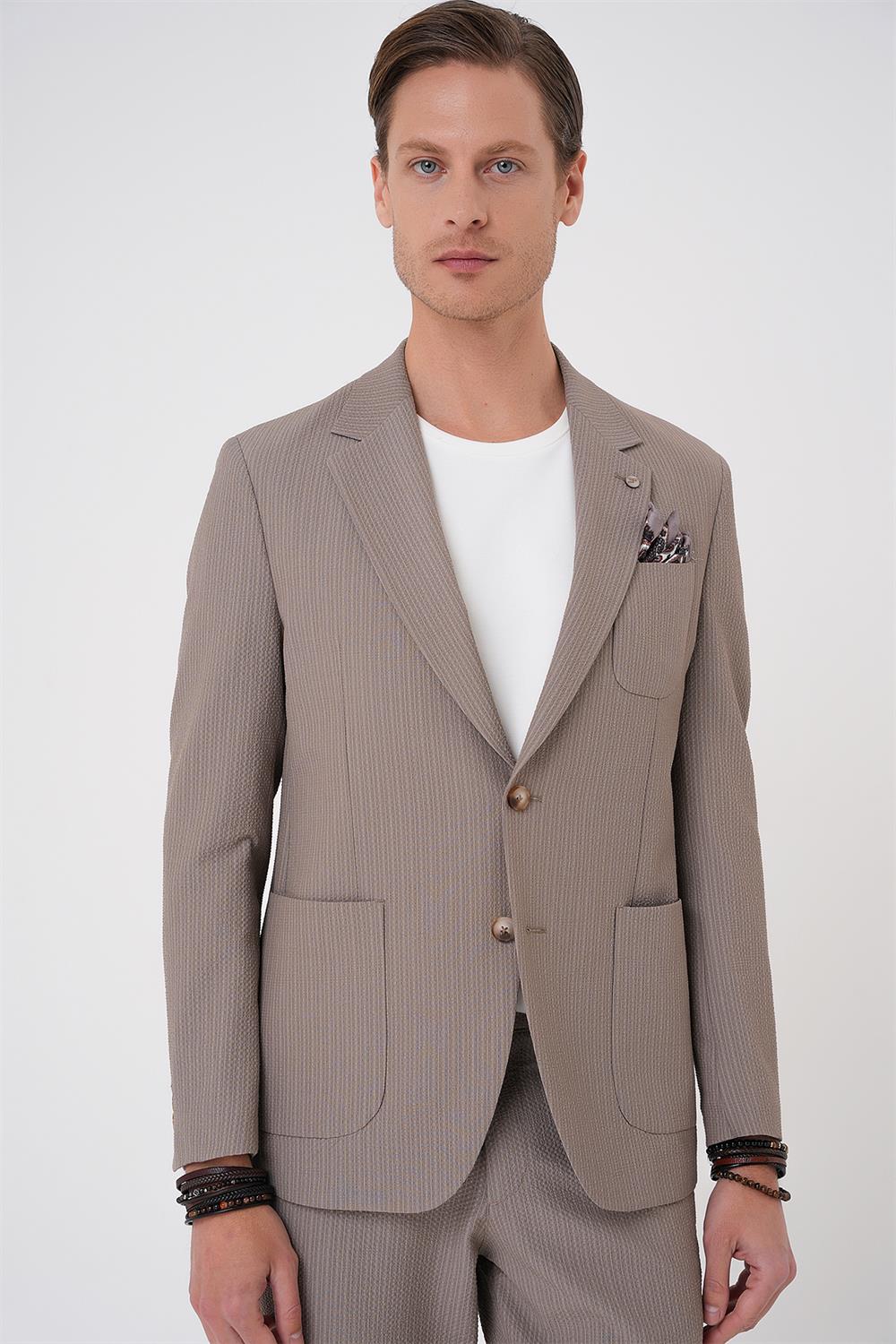 C 703 Comfort Fit Mono Yaka Çift Yırtmaç Torba Cep Gofre Kumaş Casual Vizon Ceket
