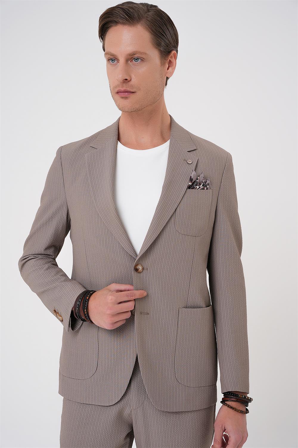 C 703 Comfort Fit Mono Yaka Çift Yırtmaç Torba Cep Gofre Kumaş Casual Vizon Ceket