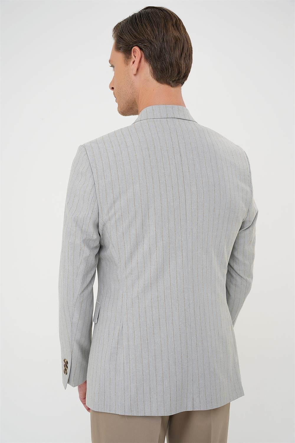 C 704 Slim Fit Çift Yırtmaç Çizgili Kruvaze Casual Gri Ceket