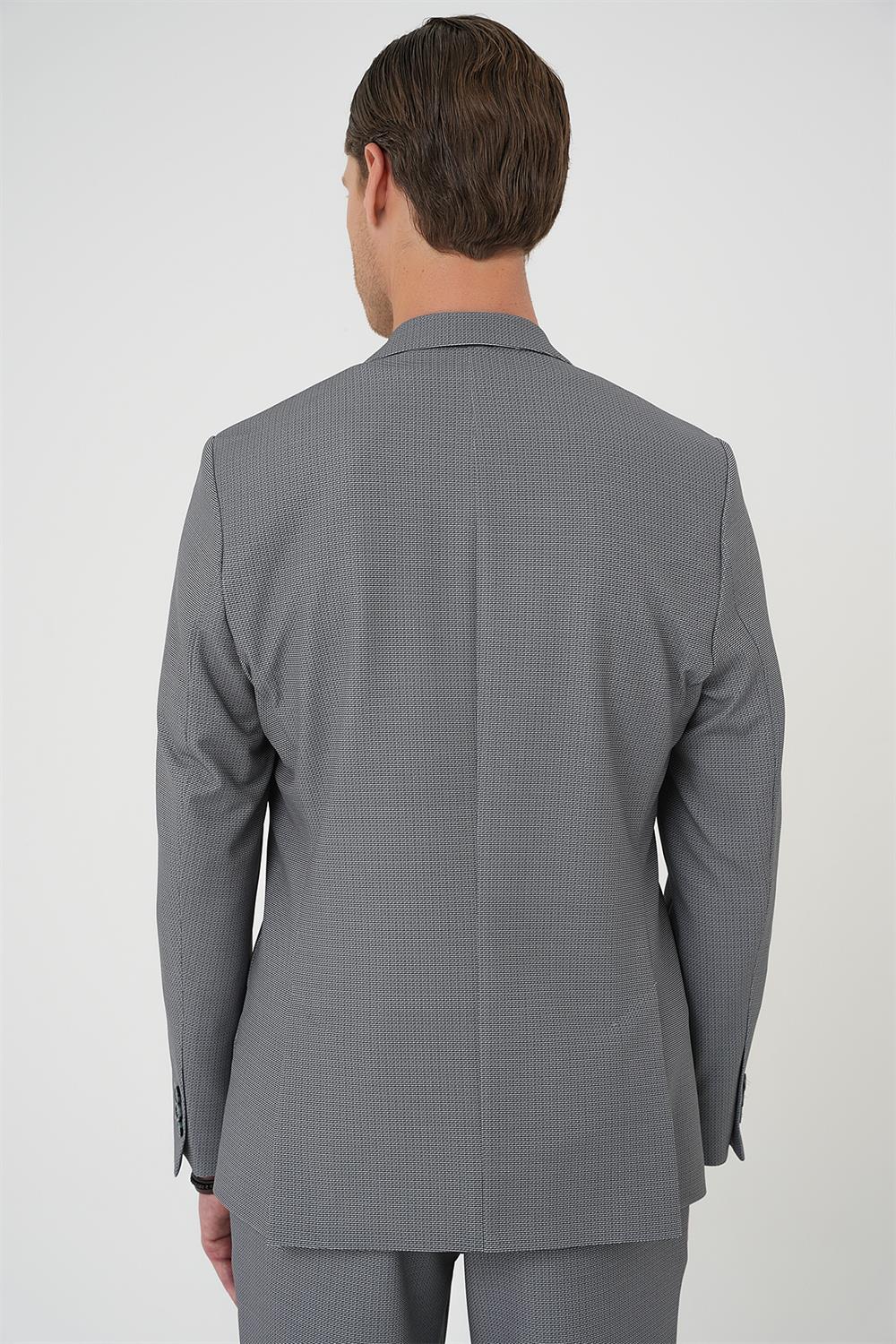 C 705 Comfort Fit Mono Yaka Çift Yırtmaç Torba Cep Kendinden Desenli Casual Siyah Ceket