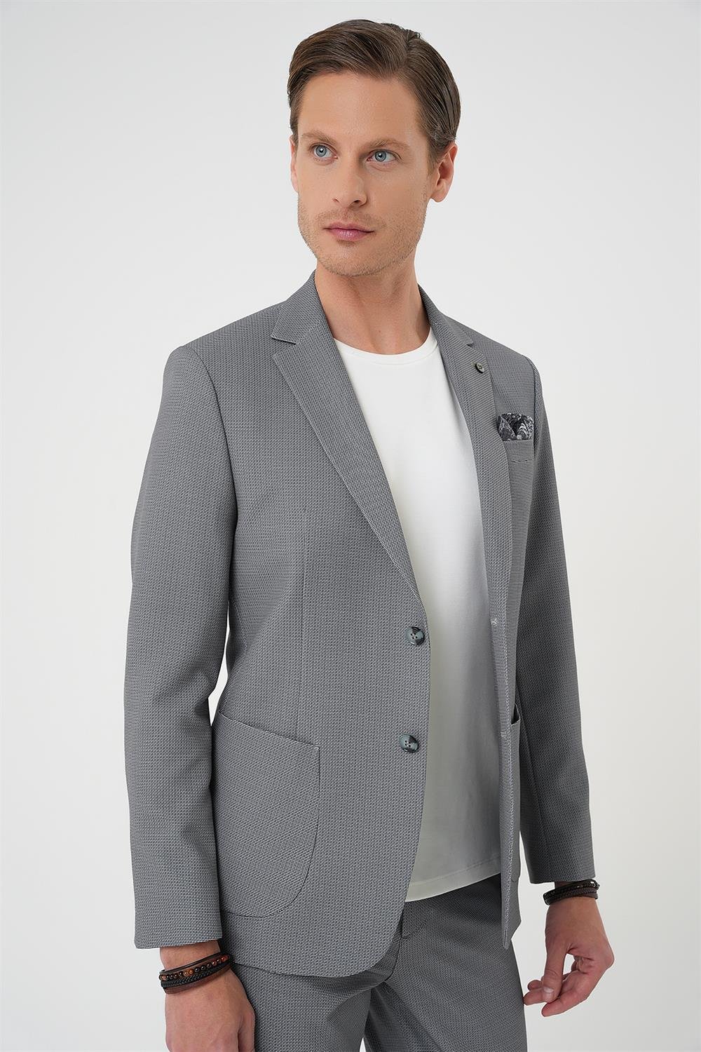 C 705 Comfort Fit Mono Yaka Çift Yırtmaç Torba Cep Kendinden Desenli Casual Siyah Ceket