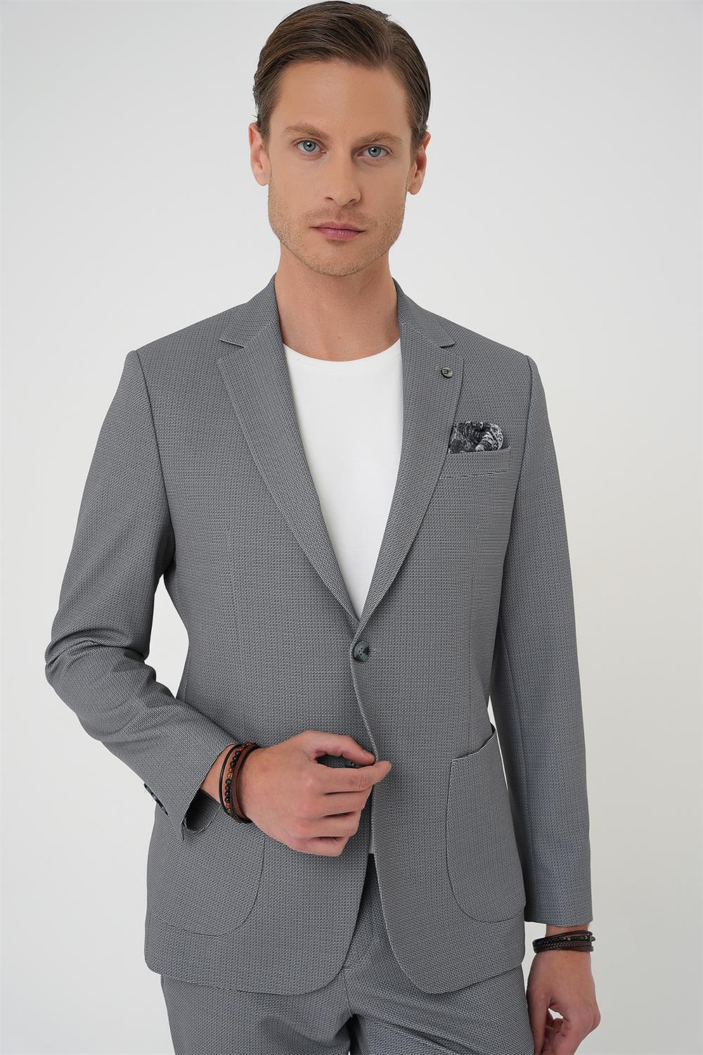 C 705 Comfort Fit Mono Yaka Çift Yırtmaç Torba Cep Kendinden Desenli Casual Siyah Ceket