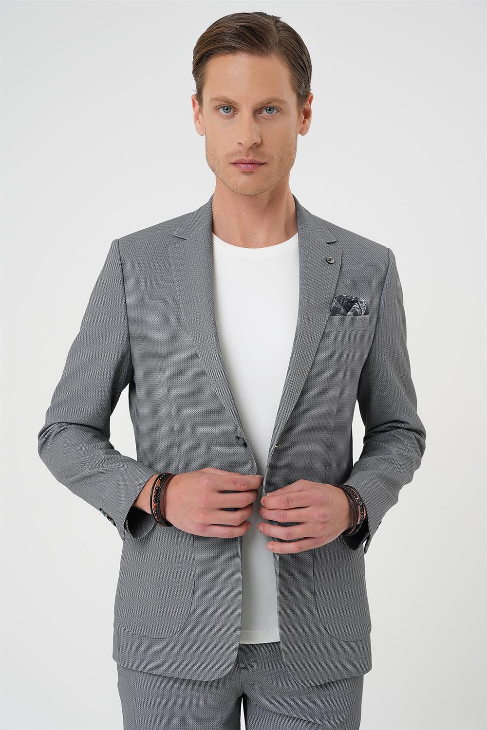 C 705 Comfort Fit Mono Yaka Çift Yırtmaç Torba Cep Kendinden Desenli Casual Siyah Ceket