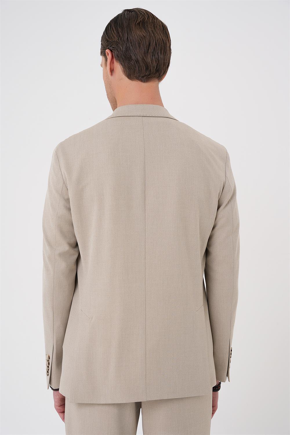 C 706 Comfort Fit Mono Yaka Çift Yırtmaç Torba Cep Kendinden Desenli Casual Bej Ceket