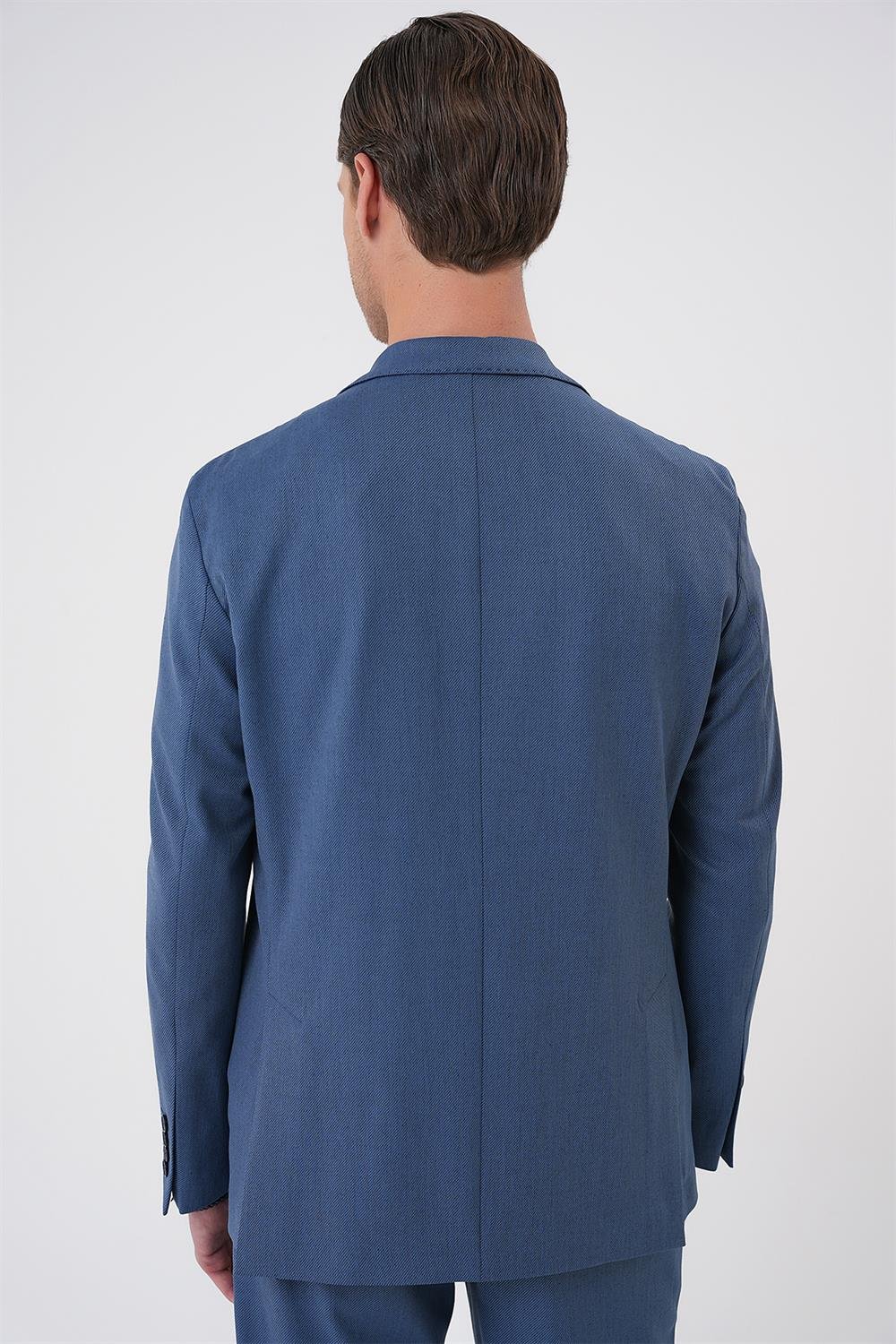 C 706 Comfort Fit Mono Yaka Çift Yırtmaç Torba Cep Kendinden Desenli Casual İndigo Ceket