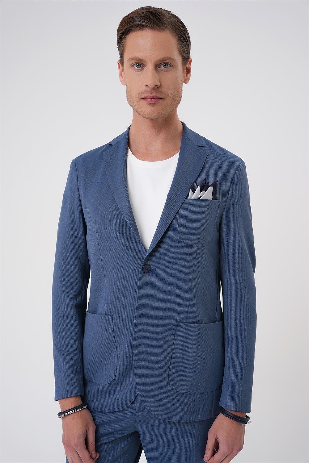 C 706 Comfort Fit Mono Yaka Çift Yırtmaç Torba Cep Kendinden Desenli Casual İndigo Ceket