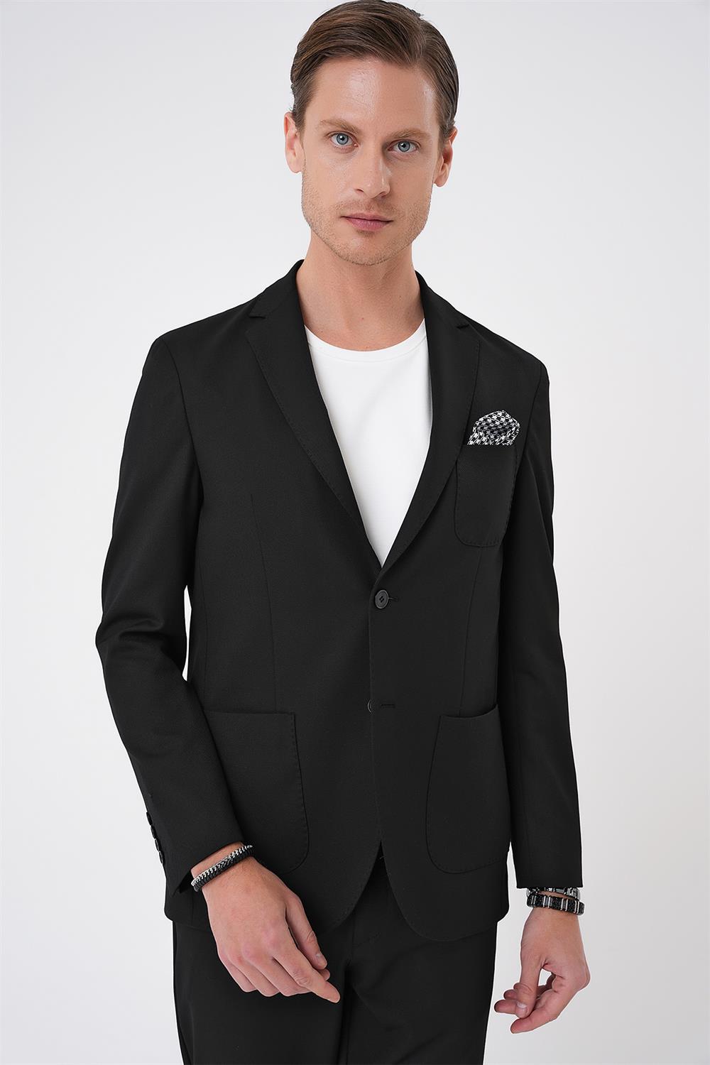 C 706 Comfort Fit Mono Yaka Çift Yırtmaç Torba Cep Kendinden Desenli Casual Siyah Ceket