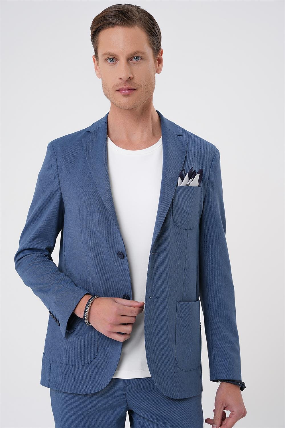 C 706 Comfort Fit Mono Yaka Çift Yırtmaç Torba Cep Kendinden Desenli Casual İndigo Ceket