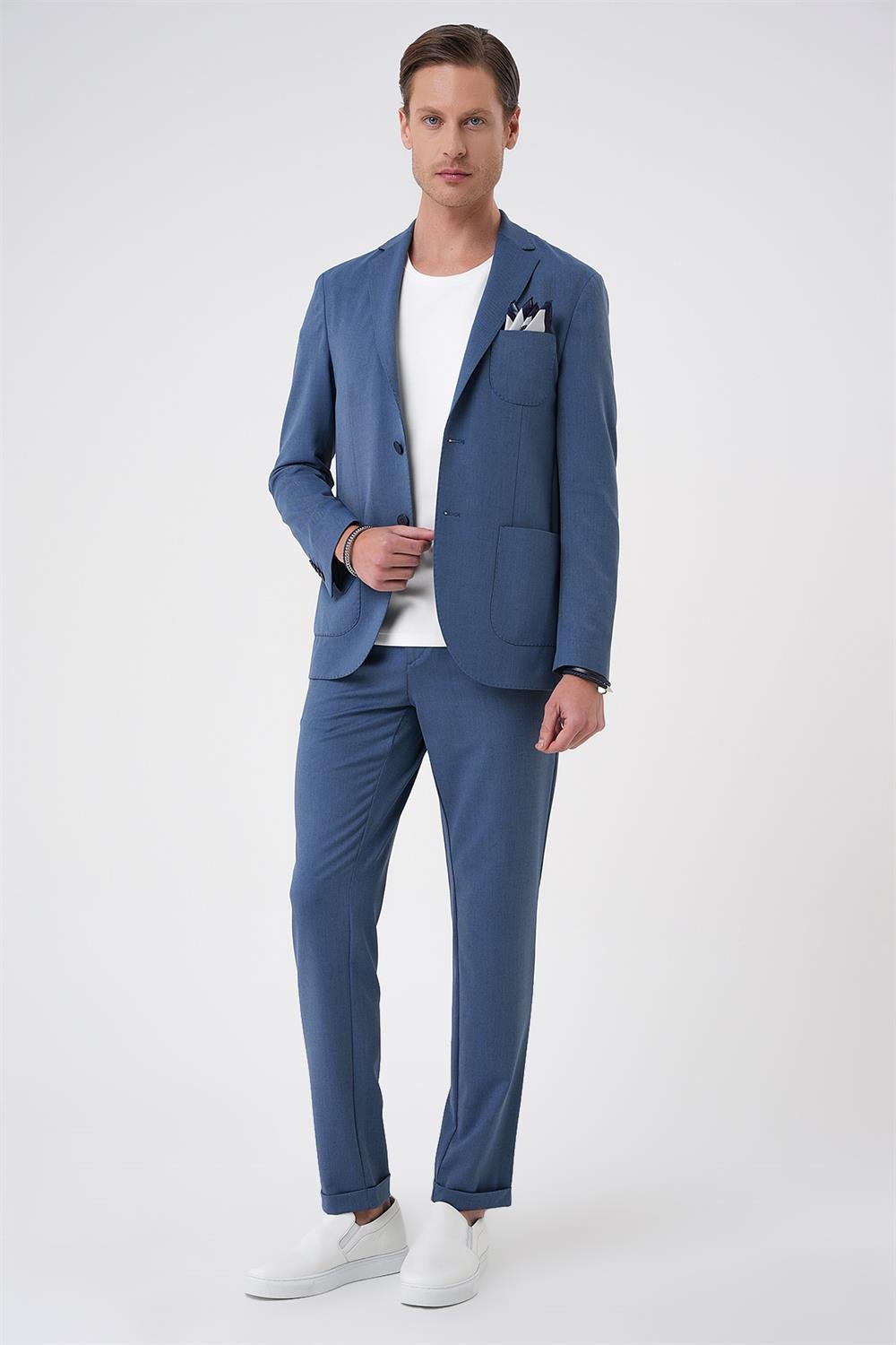C 706 Comfort Fit Mono Yaka Çift Yırtmaç Torba Cep Kendinden Desenli Casual İndigo Ceket