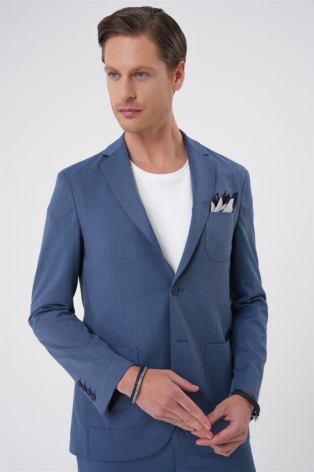 C 706 Comfort Fit Mono Yaka Çift Yırtmaç Torba Cep Kendinden Desenli Casual İndigo Ceket