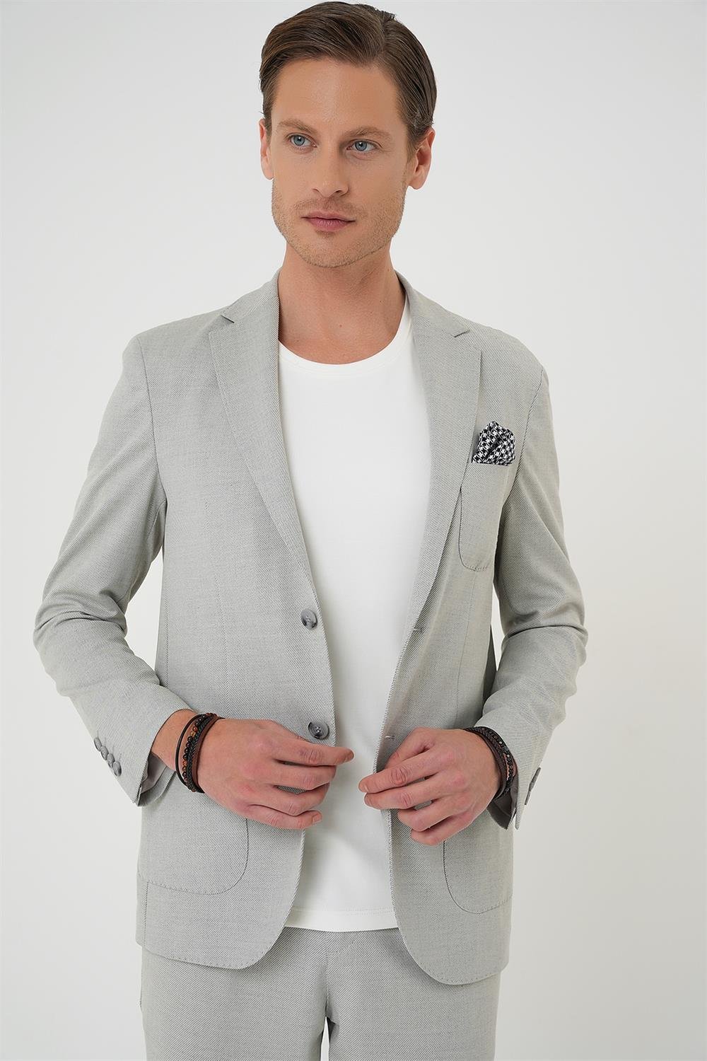 C 706 Comfort Fit Mono Yaka Çift Yırtmaç Torba Cep Kendinden Desenli Casual Gri Ceket