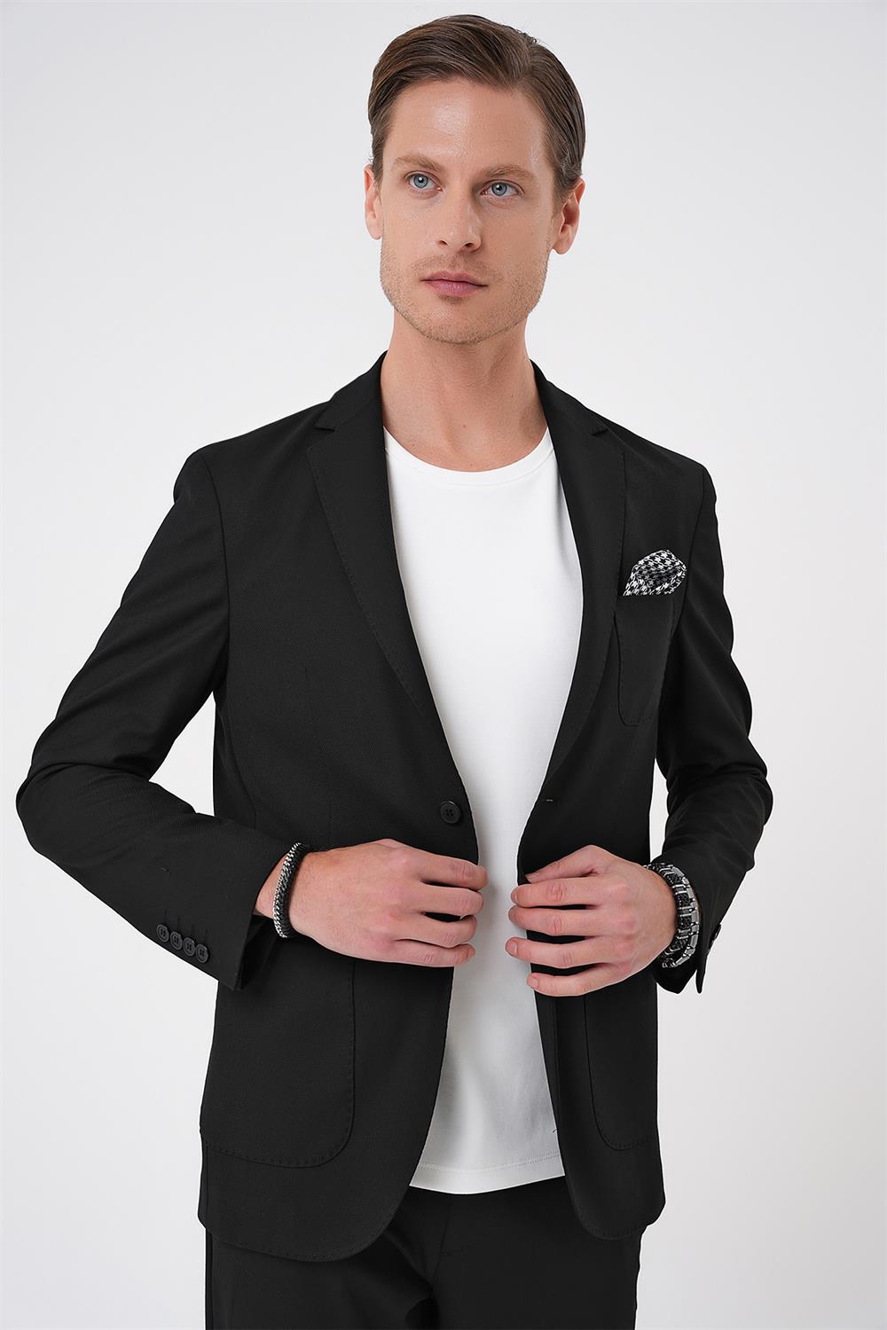 C 706 Comfort Fit Mono Yaka Çift Yırtmaç Torba Cep Kendinden Desenli Casual Siyah Ceket