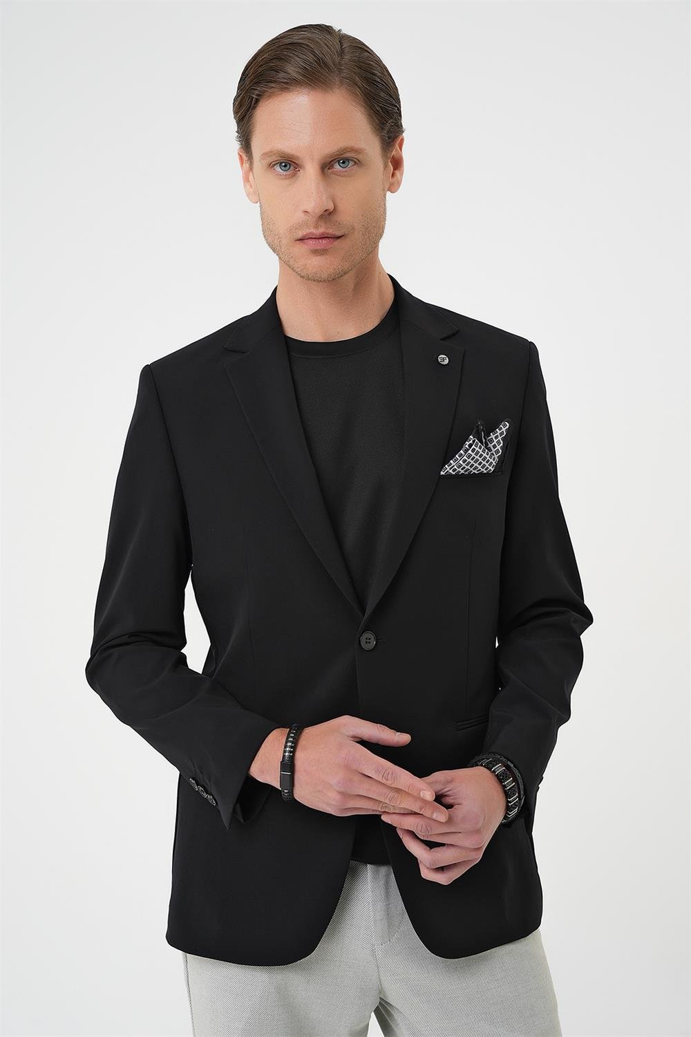 C 710 Slim Fit Mono Yaka Fleto Cepli Çift Yırtmaçlı Casual Siyah Ceket