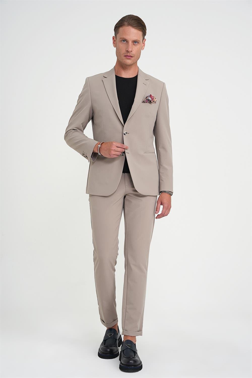 C 710 Slim Fit Mono Yaka Fleto Cepli Çift Yırtmaçlı Casual Vizon Ceket
