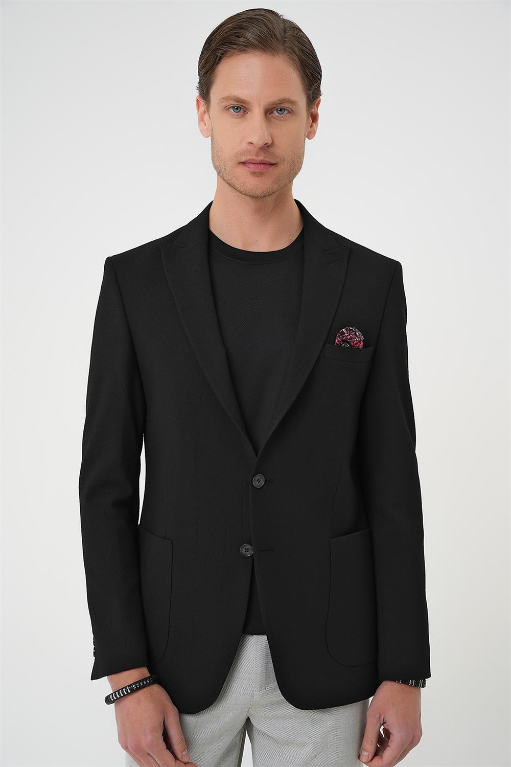 C 711 Slim Fit Mono Yaka Torba Cep Çift Yırtmaçlı Casual Siyah Ceket