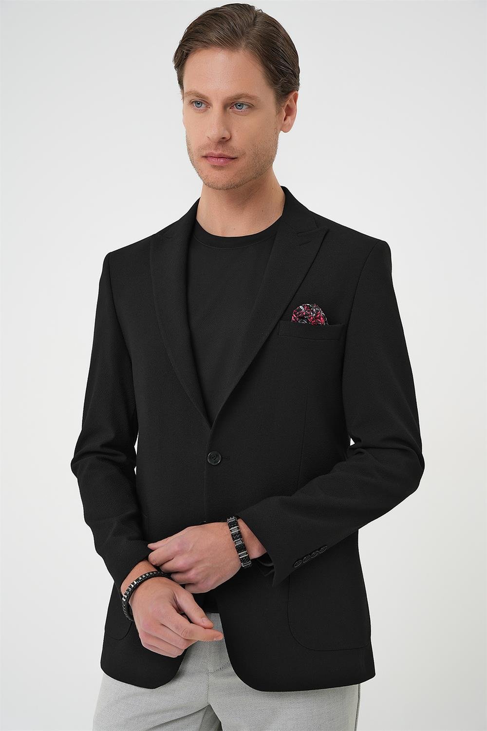 C 711 Slim Fit Mono Yaka Torba Cep Çift Yırtmaçlı Casual Siyah Ceket