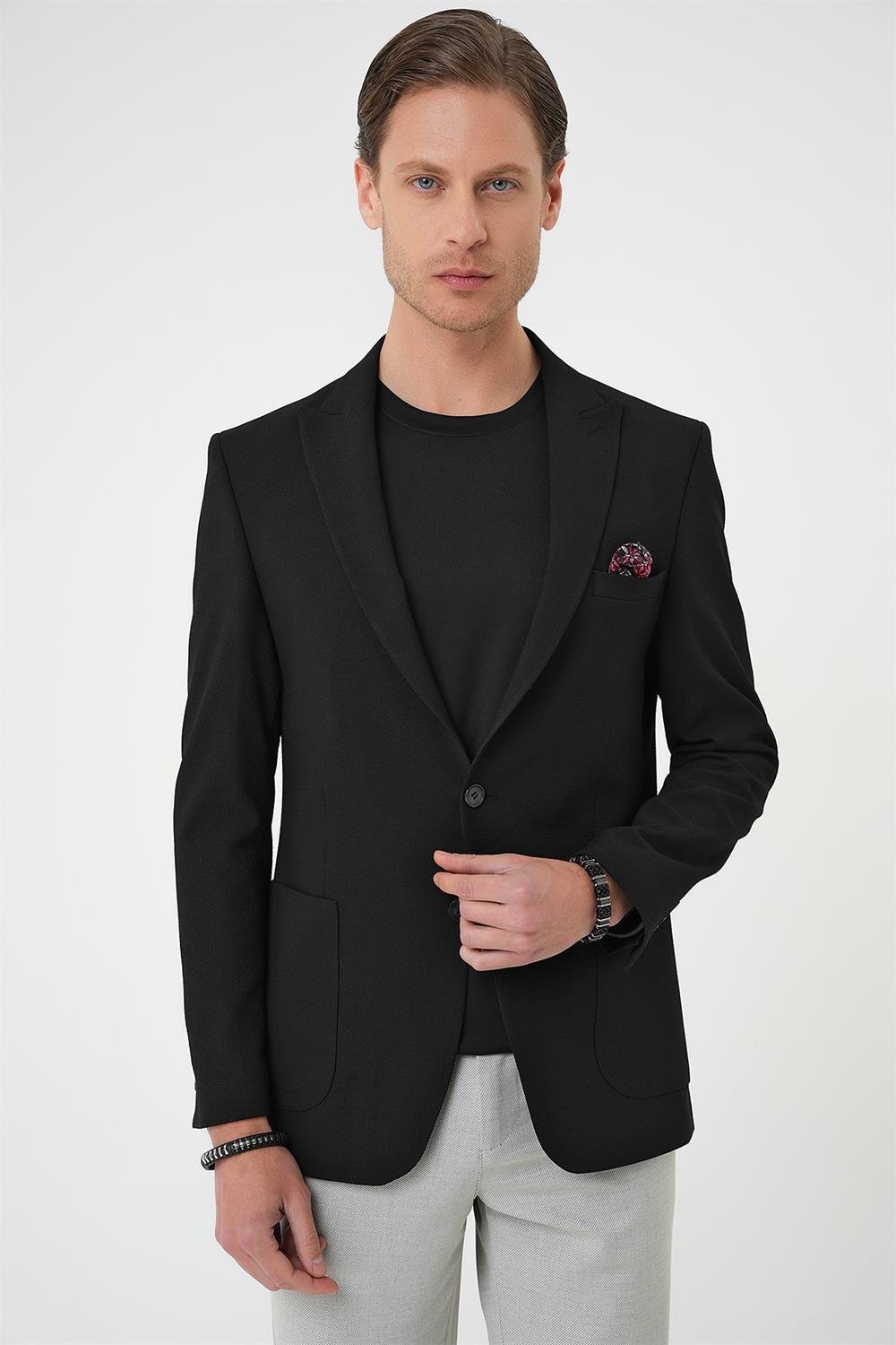 C 711 Slim Fit Mono Yaka Torba Cep Çift Yırtmaçlı Casual Siyah Ceket
