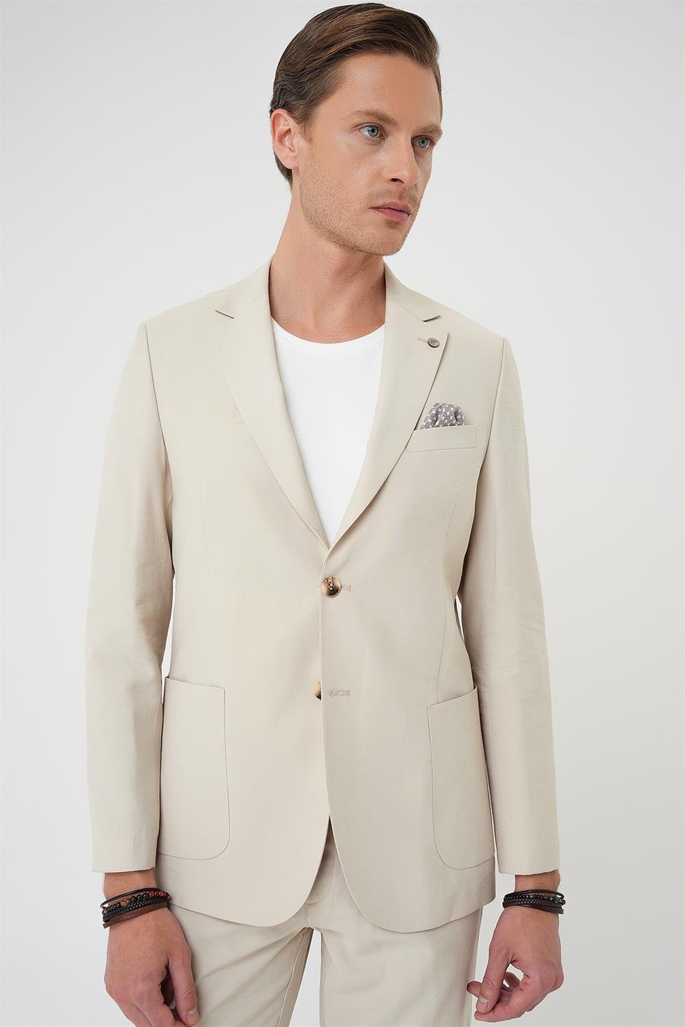 C 714 Slim Fit Torba Cep Spandex Karışımlı Casual Krem Ceket