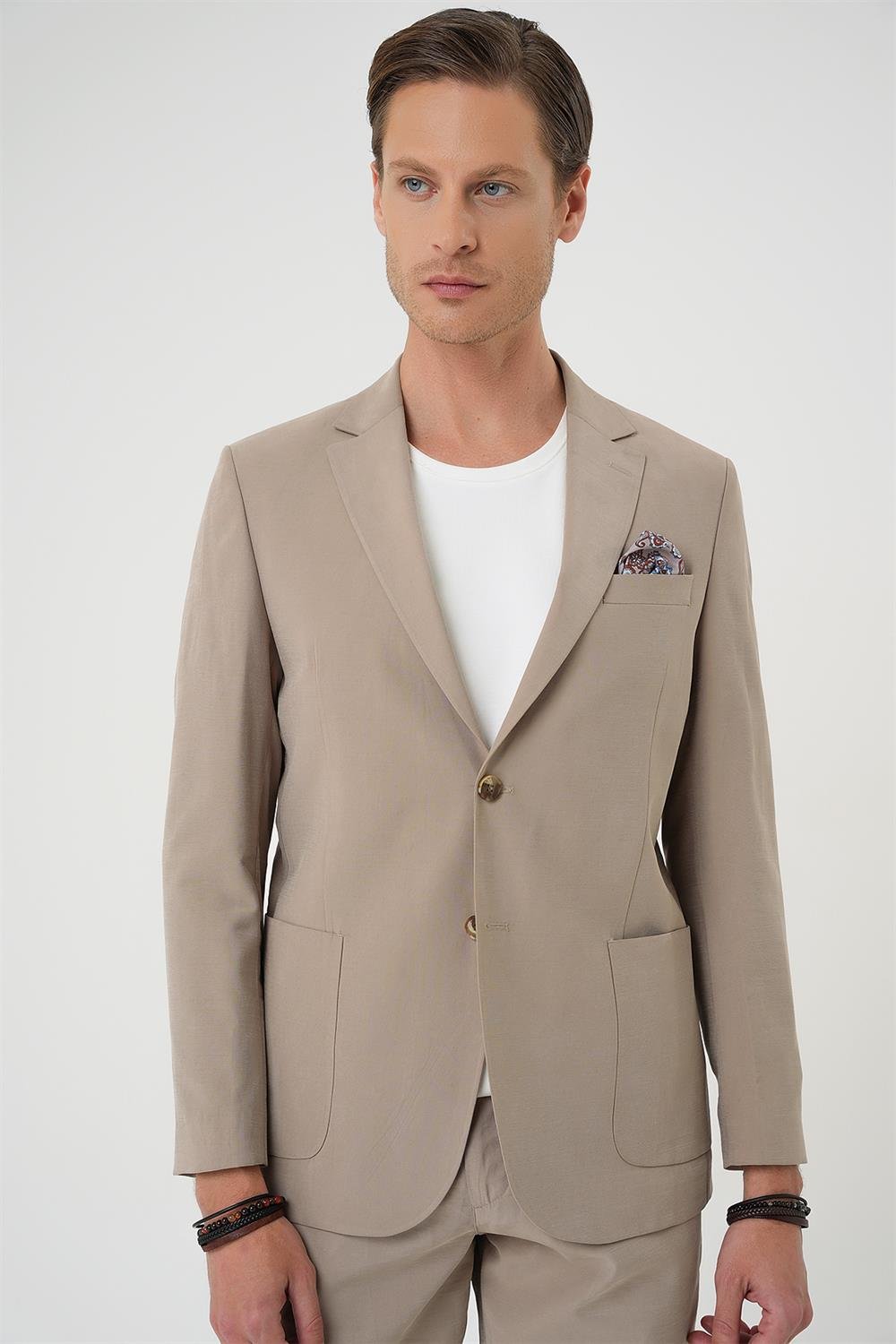 C 714 Slim Fit Torba Cep Spandex Karışımlı Casual Bej Ceket