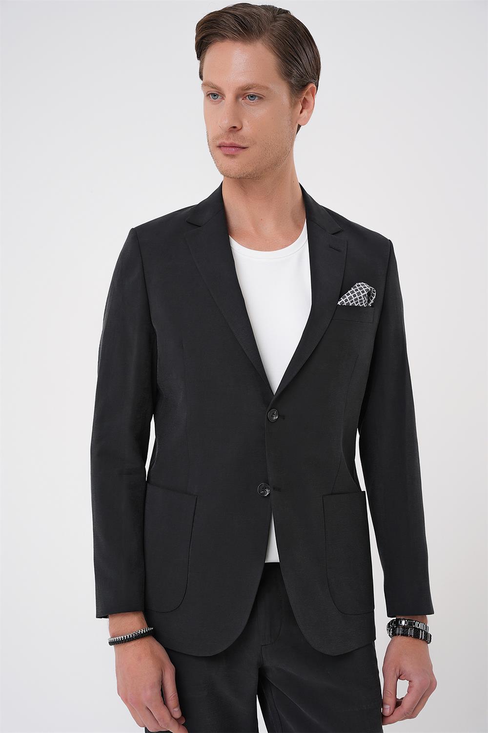 C 714 Slim Fit Torba Cep Spandex Karışımlı Casual Siyah Ceket