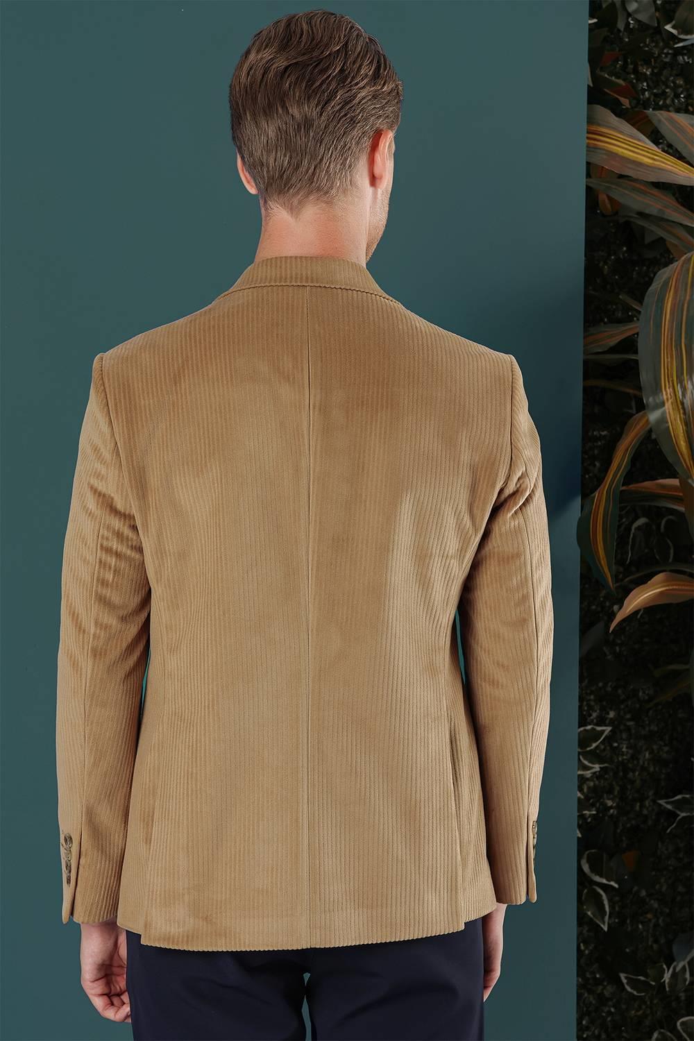 Camel Kadife Slim Fit Çift Yırtmaçlı Mono Yaka Casuel Ceket 