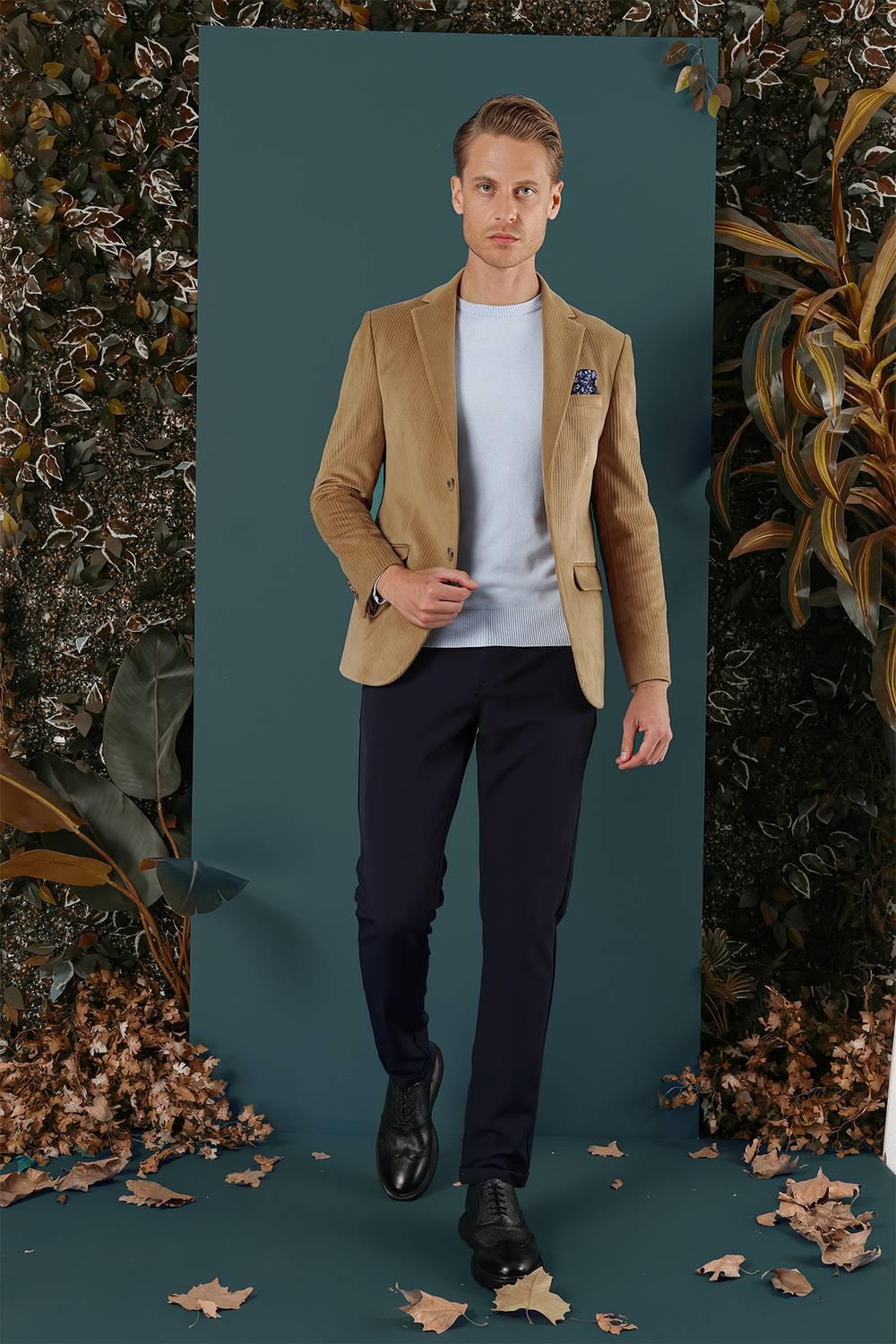 Camel Kadife Slim Fit Çift Yırtmaçlı Mono Yaka Casuel Ceket 