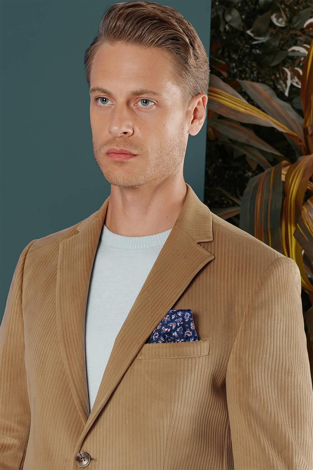 Camel Kadife Slim Fit Çift Yırtmaçlı Mono Yaka Casuel Ceket 